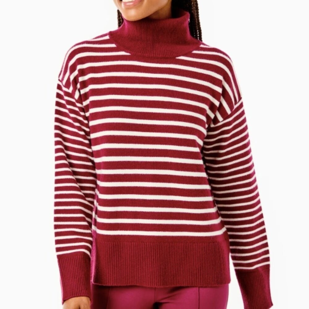 New! ADDISON BAY Ultra Soft Burgundy Stripe Knit Turtleneck Sweater Sz XS $178